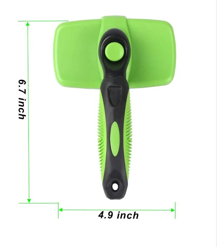 Retractable pet comb with stainless steel needles, ABS and TPR, 19x12.6cm, green and yellow