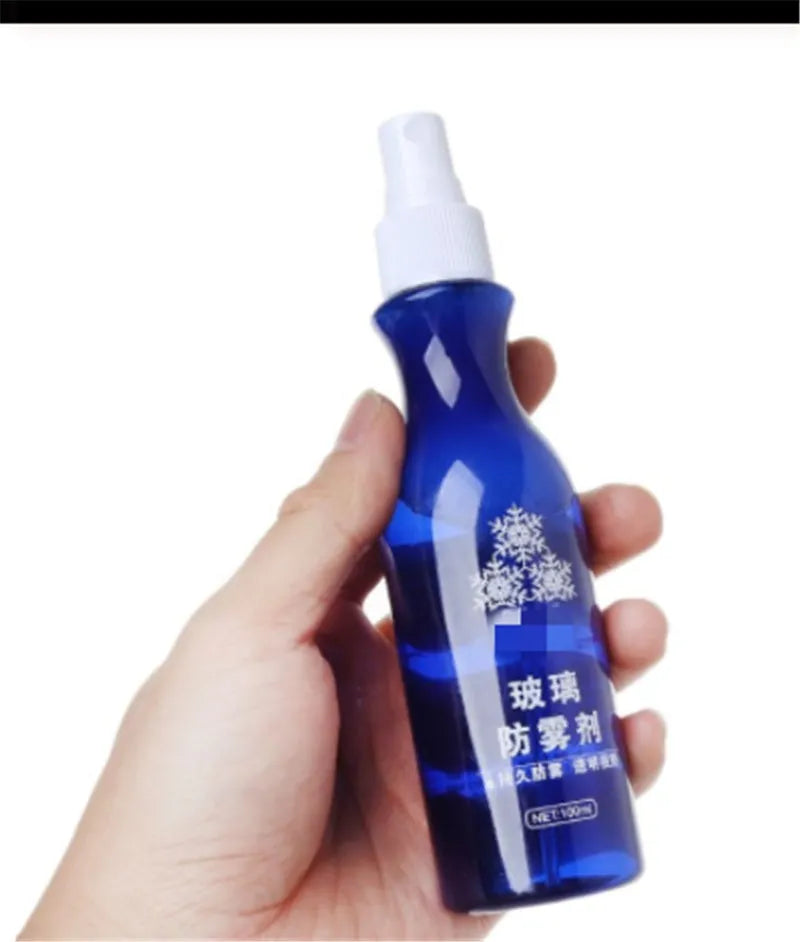 Blue 100 ml bottle of windshield liquid-spray anti-fog agent for car glass rain and mist removal