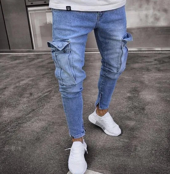 Cargo hole denim jeans for men, tye-dye whitewashed finish, pencil leg, 90% cotton, light blue