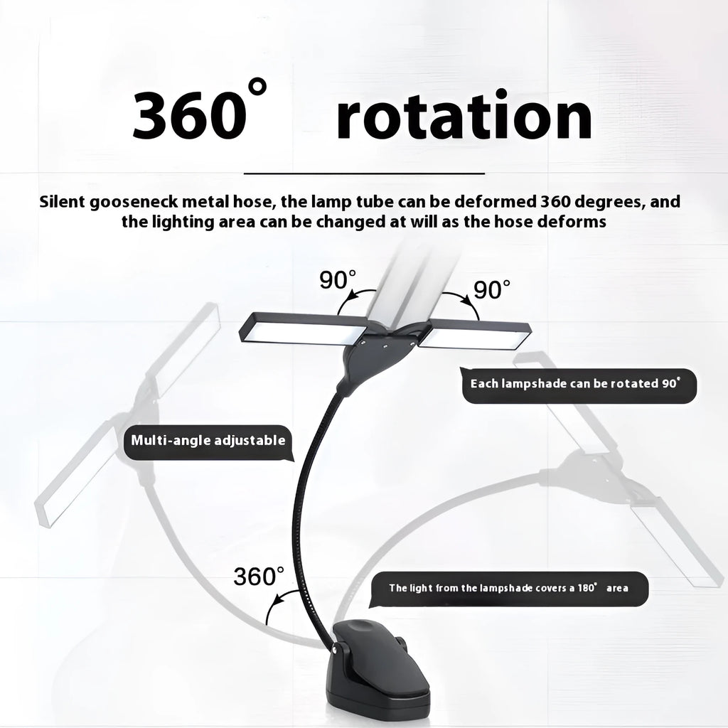 Black USB rechargeable music stand lamp with 28 LEDs clipped to a metal stand.