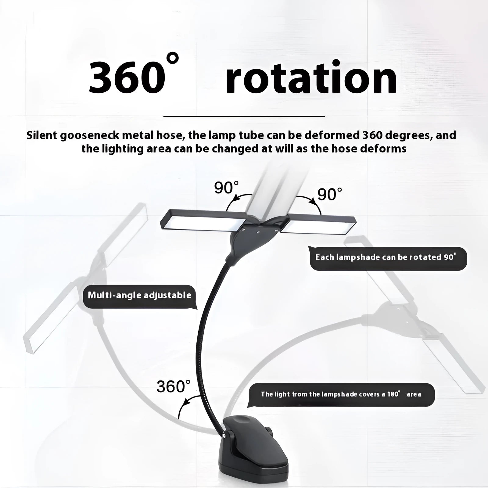 Black USB rechargeable music stand lamp with 28 LEDs clipped to a metal stand.