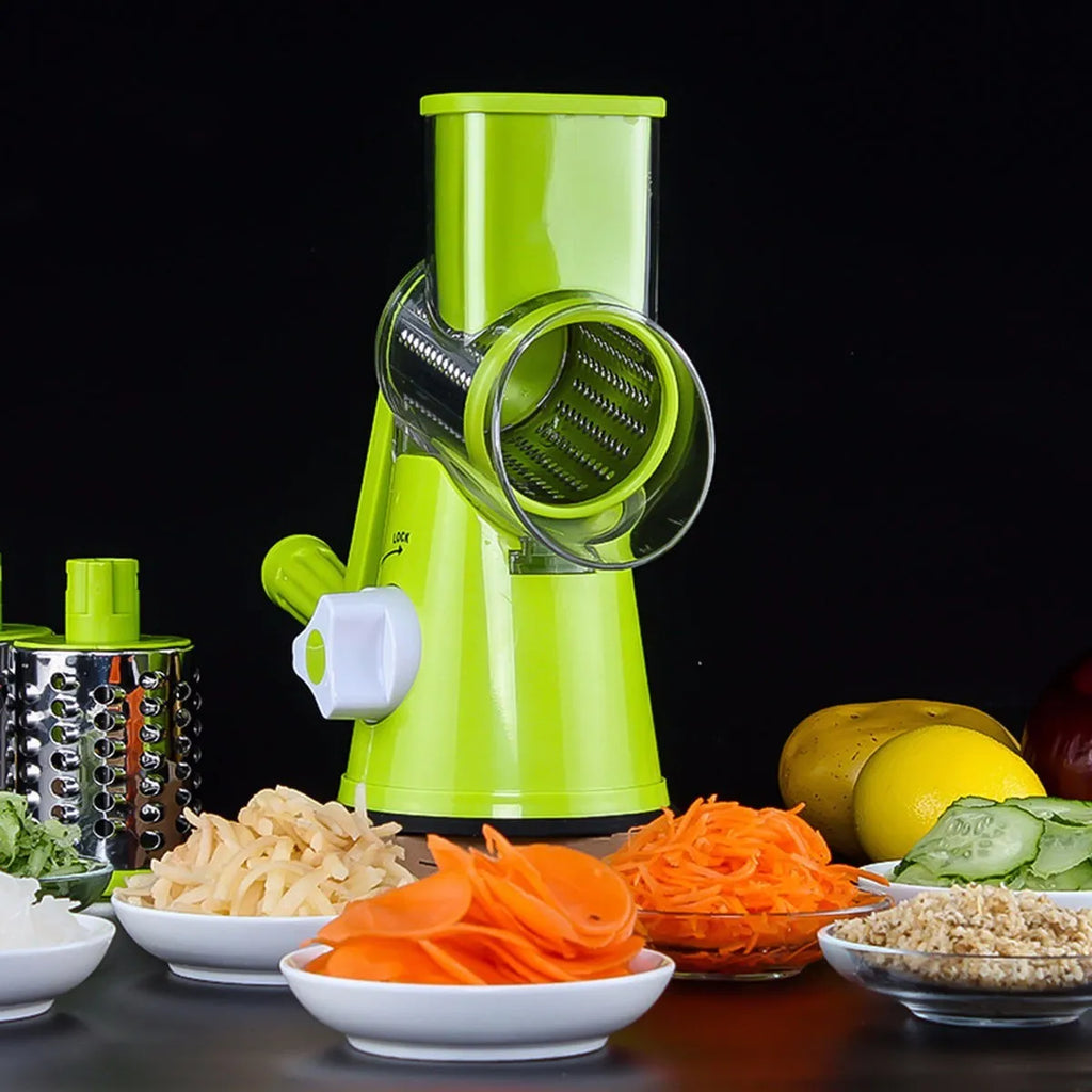 Mandoline vegetable slicer with three stainless steel blades and suction base in blue green, green, or red