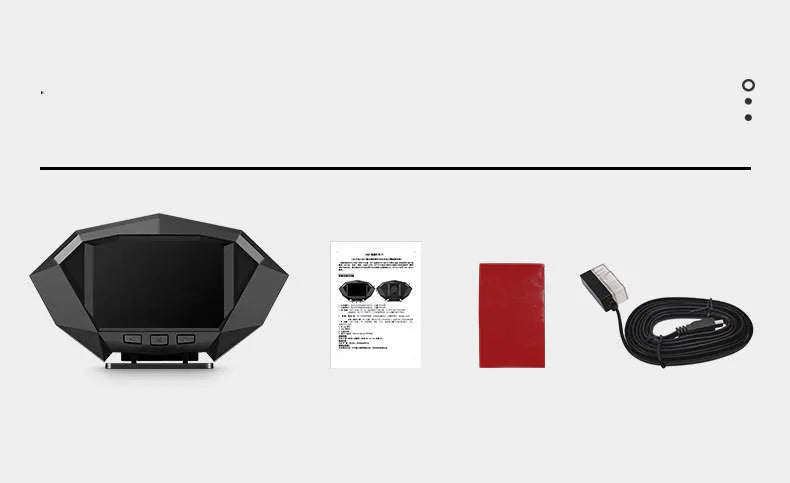 Black car head-up display HUD unit with OBD cable on a car dashboard.