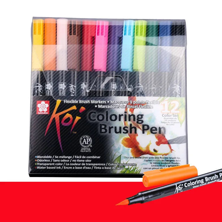 Set of watercolour brush markers in 12 colours with soft tips for painting.