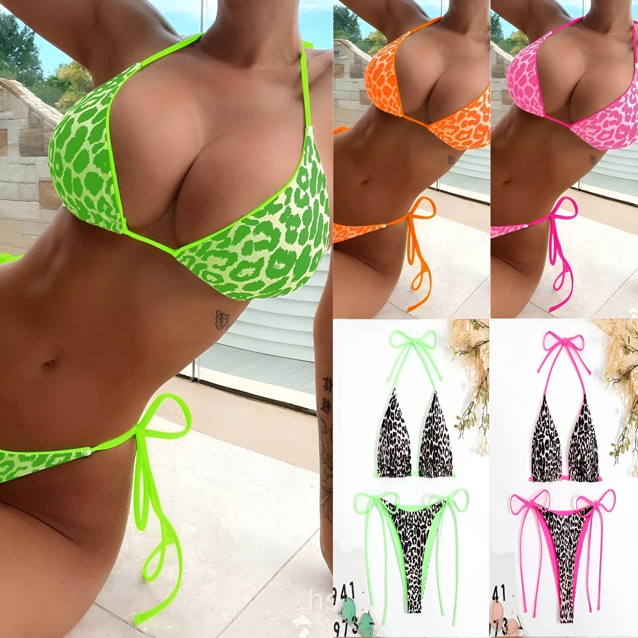 Women's triangle bikini top with lace-up back ties and matching split-leg briefs in a polyester fabric.
