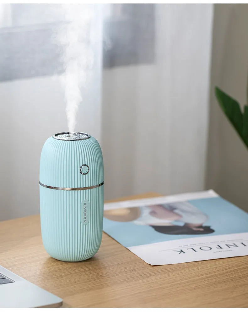 300ml USB mini ultrasonic humidifier with colourful LED lights, 151.3 x 78.6 x 78.6mm, in blue, pink, white, or navy blue