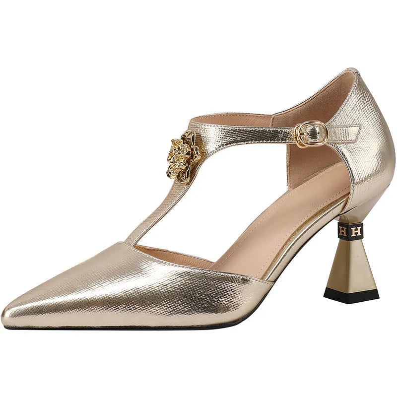 Women's gold and silver genuine leather sandals with a pointed toe and perforated upper design.