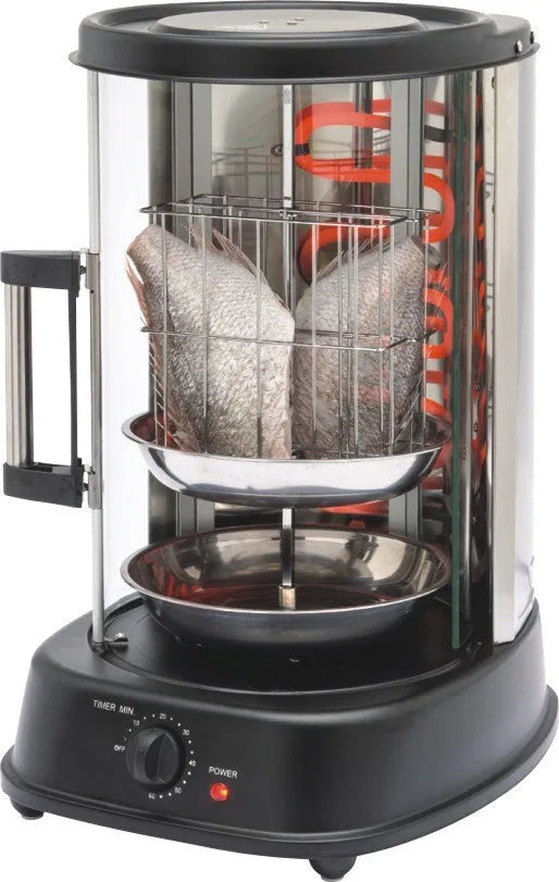 Black electric indoor rotisserie grill oven 21L 1500W with timer and oil pan