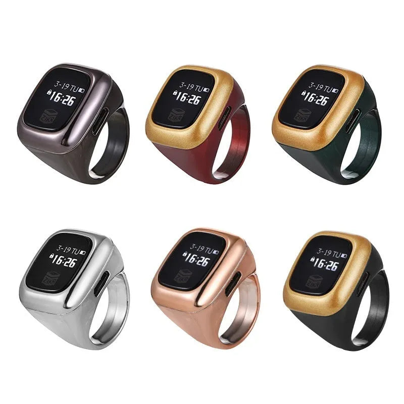 Al-fatiha digital electronic wrist counter with display screen shown in multiple colour options.