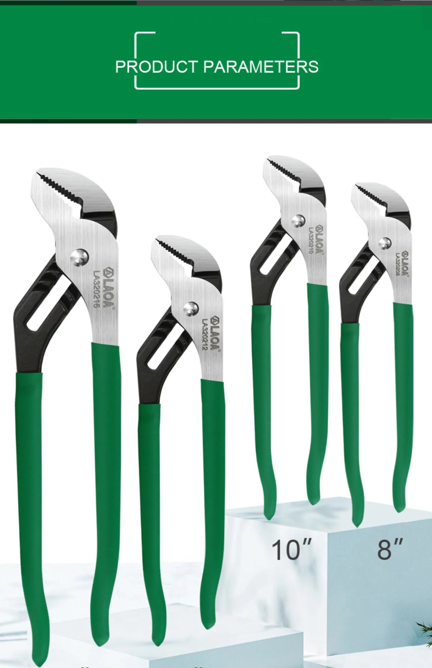 Adjustable water pipe wrench with CR-V steel jaws and multi-gear mechanism in four sizes