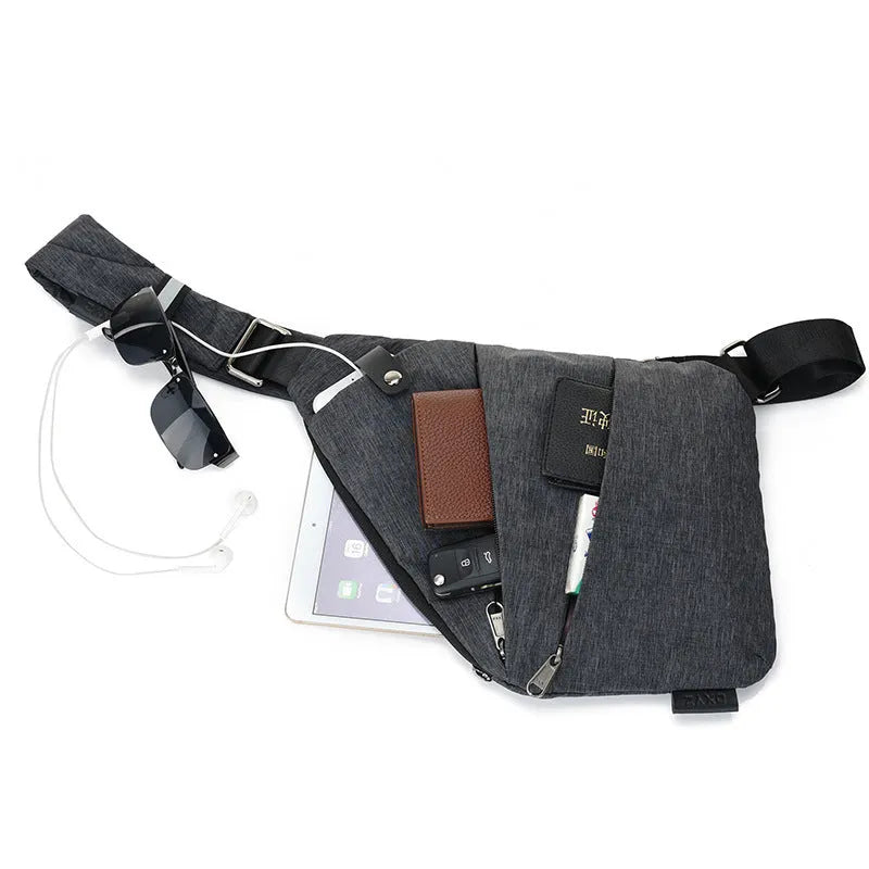 Canvas chest bag for men in black Oxford cloth with zipper closure, worn across the chest for anti-theft security