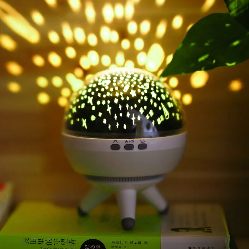 Black and white rotating starlight projection lamp measuring 15cm with battery power and cartoon design