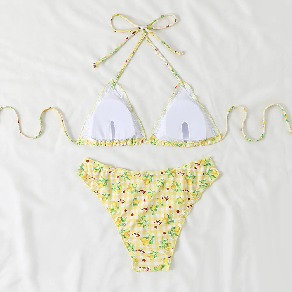 Floral backless split high-elasticity nylon bikini swimsuit for women