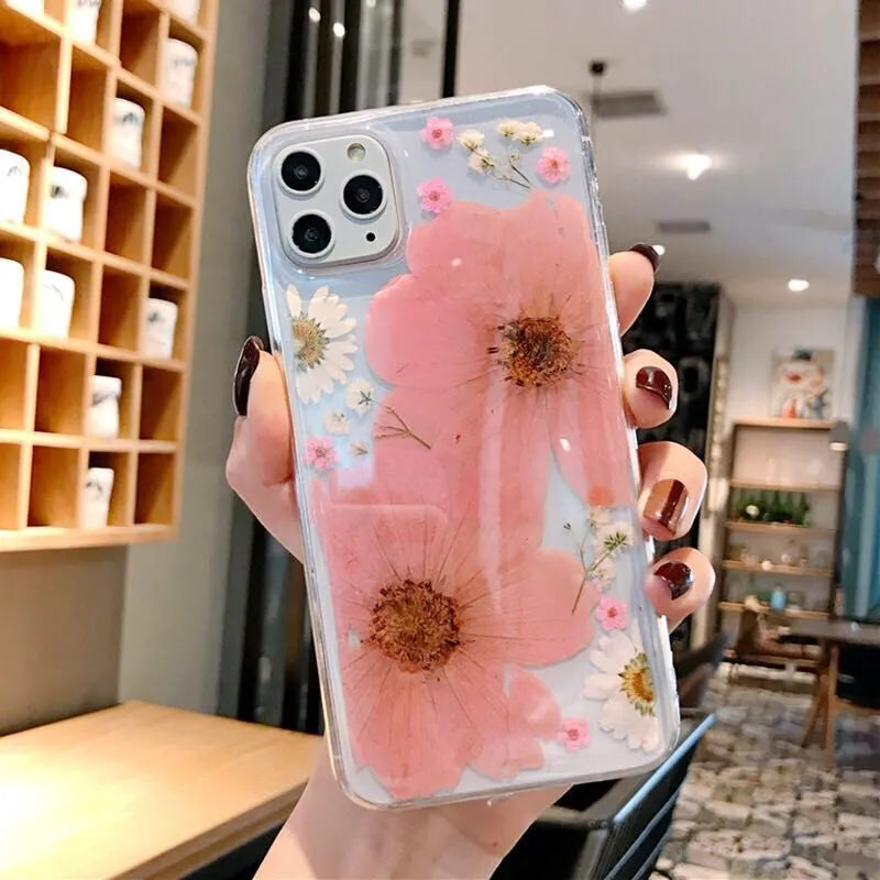 Floral TPU iPhone case with large pink flower pattern on back cover