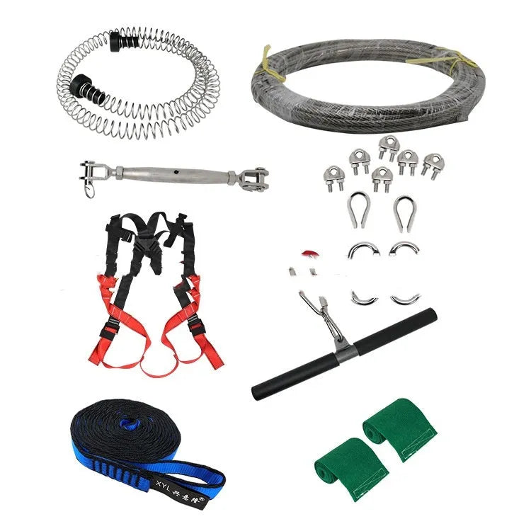 XYL Ziptreck pulley slide rope system with alloy steel components and safety harness