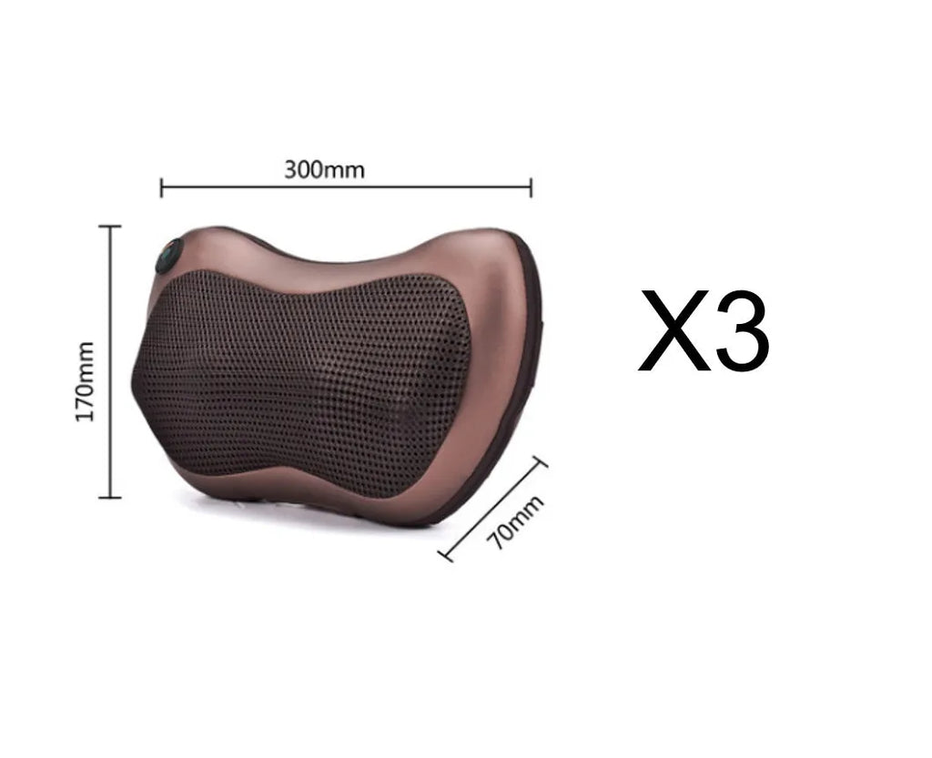 Electric neck massage pillow, coffee colour, 33x29x11cm, with infrared therapy and kneading rollers for home and car use.