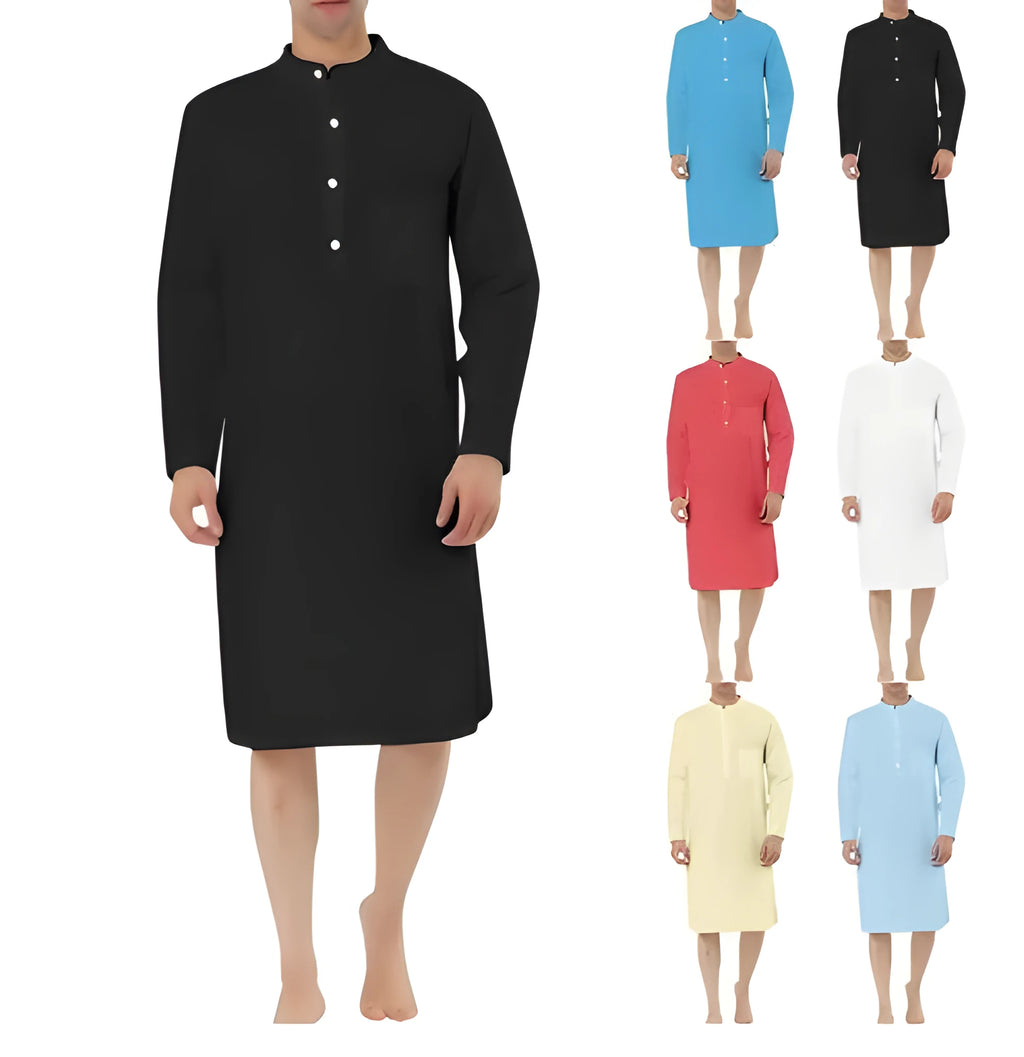 Men's cotton shirt-style robe with pockets shown in various colours including light blue and dark grey