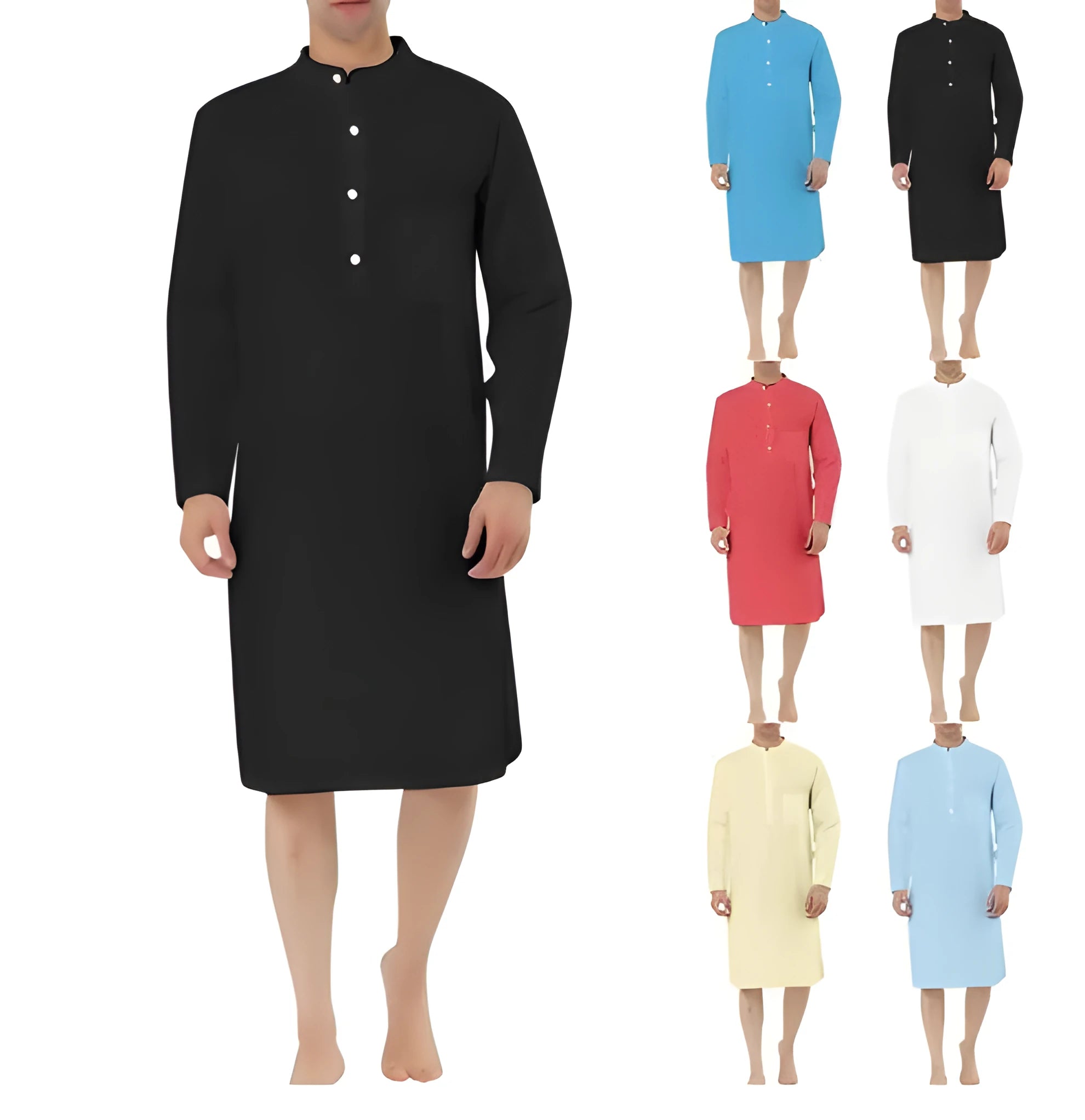 Men's cotton shirt-style robe with pockets shown in various colours including light blue and dark grey