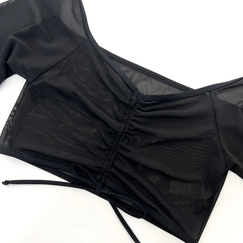 Black mesh long sleeve women's bikini swimsuit set four-piece design for swimming sports