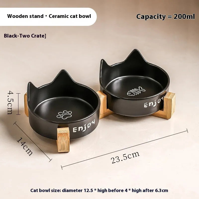 Ceramic cat bowl set with wooden anti-slip frame in cat paw design