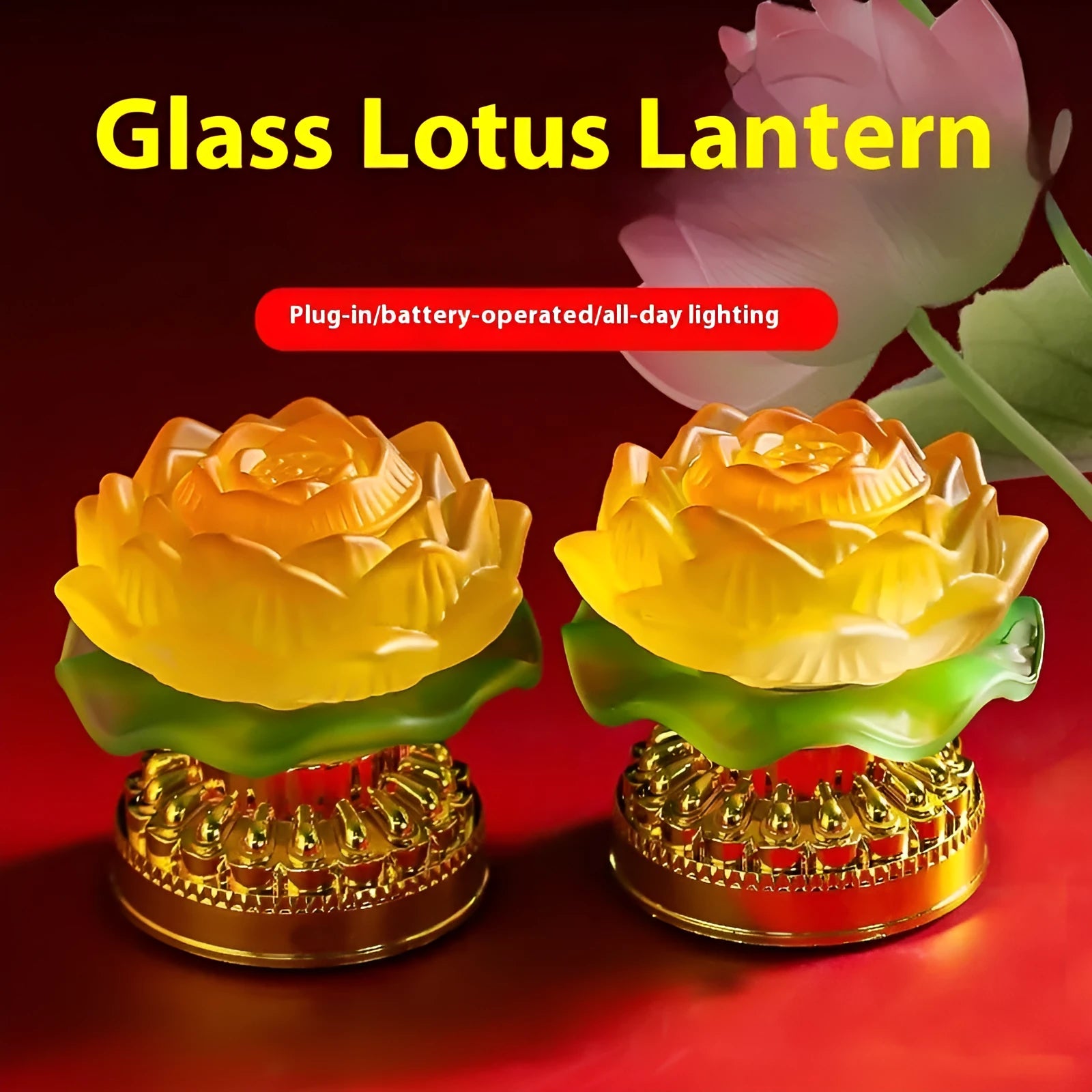 Yellow Chinese-style lotus lamp for Buddha altar decor on a table.