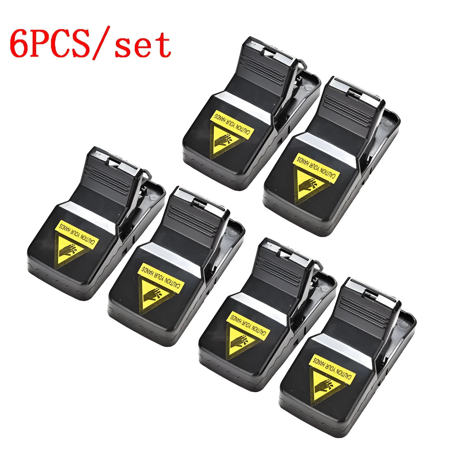 Six black plastic snapping mousetraps showing compact size and smooth surface
