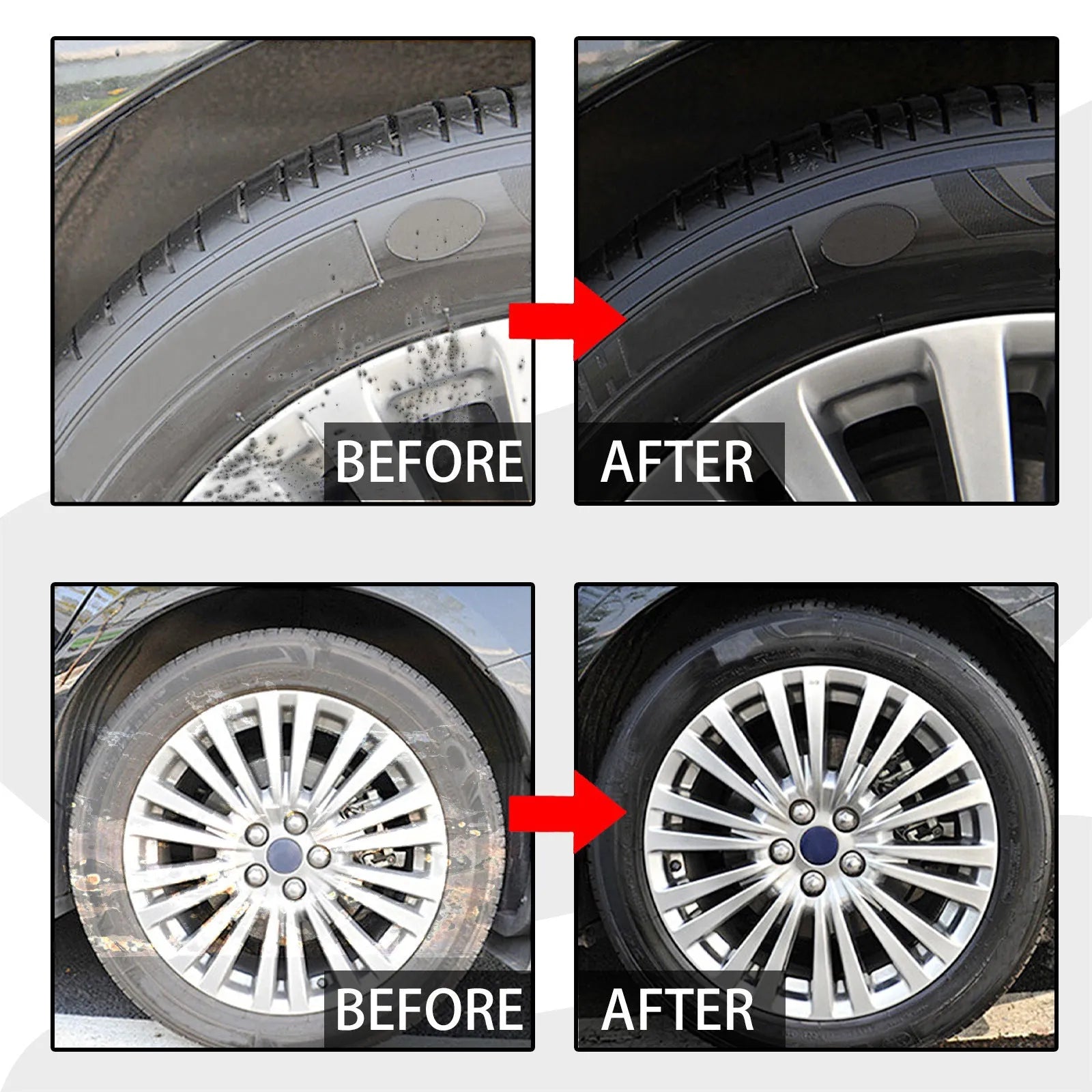 Car tyre cleaner kit with 500ml bottle and a 20x20cm microfiber towel for alloy wheels.