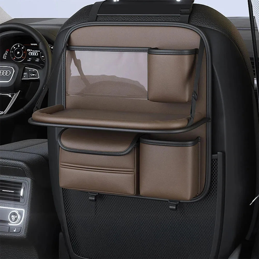 Leather car seat storage bag with foldable dining table in obsidian black colour