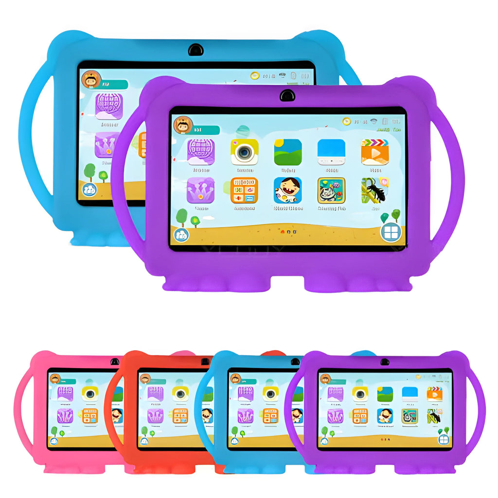 Children's 7-inch Android smart tablet with dual camera, quad core processor and WiFi, shown in Blue, Pink, Purple or Red.