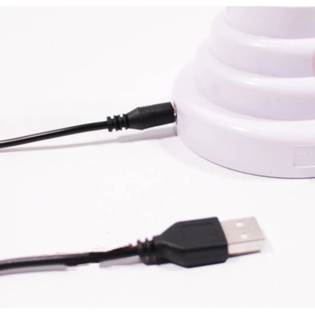 White bamboo-shaped desk lamp with green light, showing USB cable and two size options.