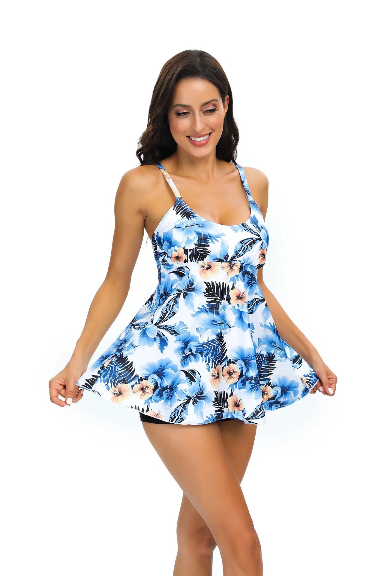 Women's floral print tankini swimsuit with attached skirt and briefs-style bottoms