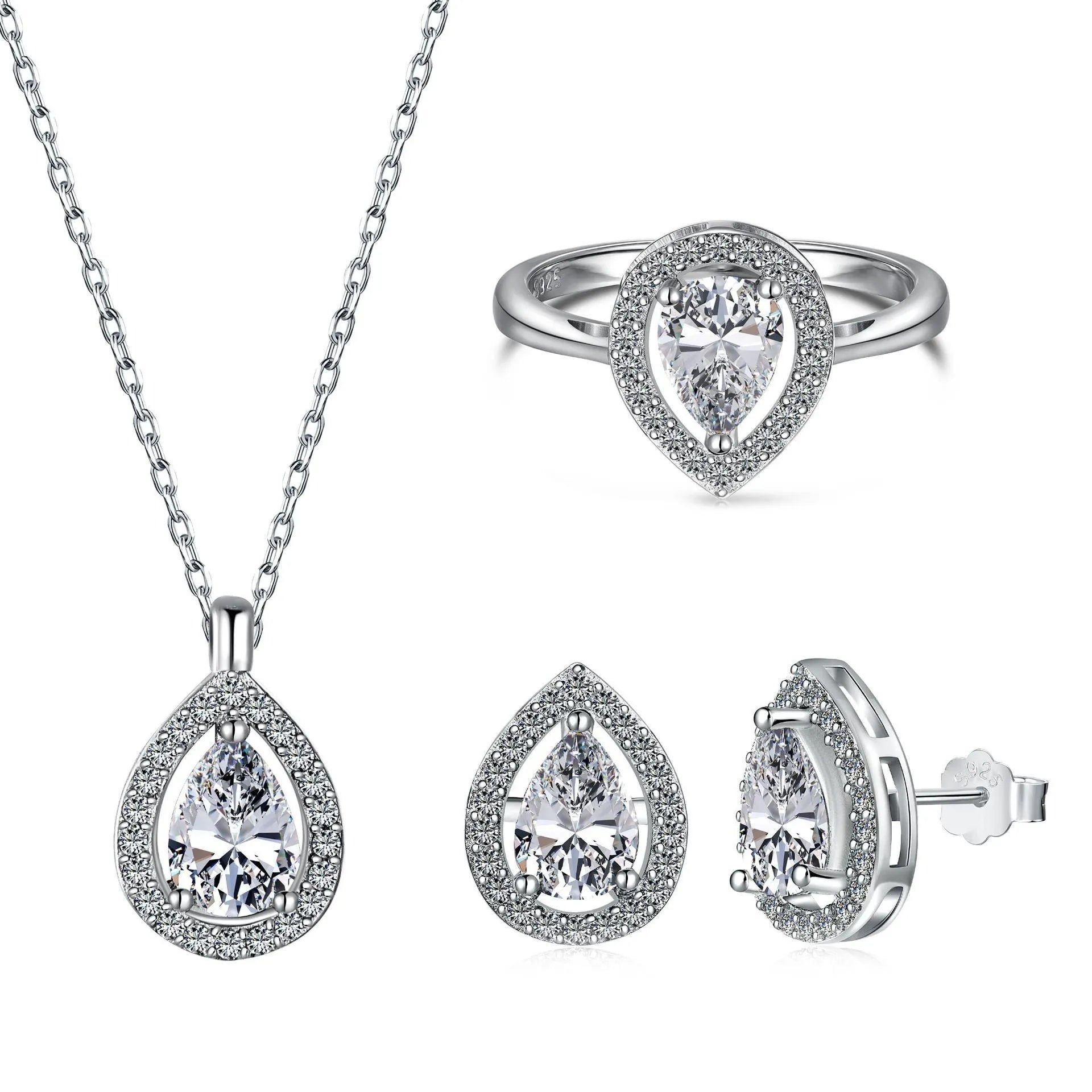 S925 sterling silver ring with drop-shaped diamond zircon stone in light luxury style on a plain background