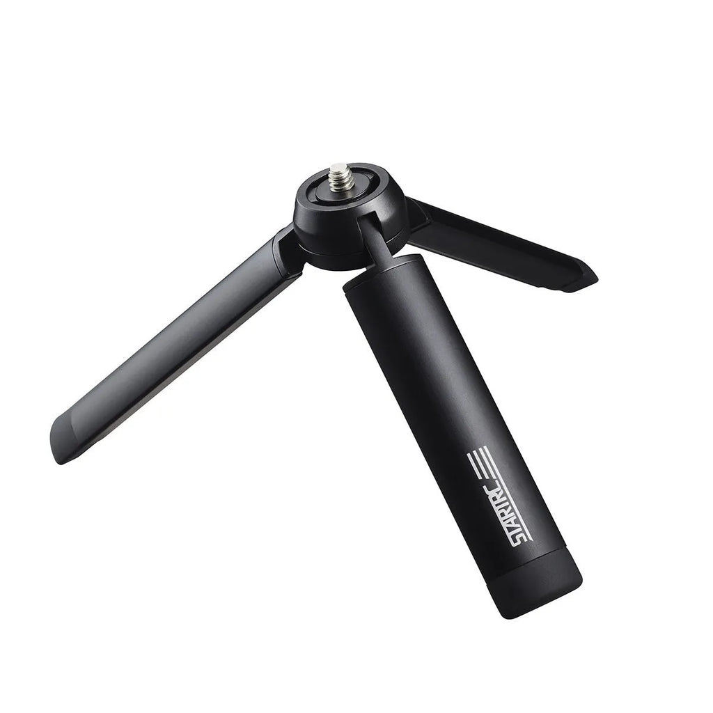 Silver aluminium alloy phone bracket for iPhone shown in clip and tripod style next to a mobile phone.