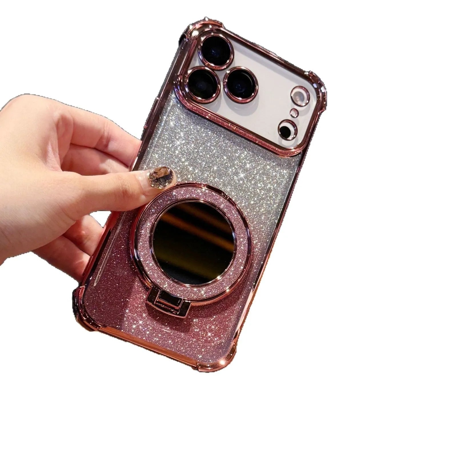 Glitter mirror magnetic bracket TPU phone case for iPhone 17 series in multiple colours showing reflective gradient finish