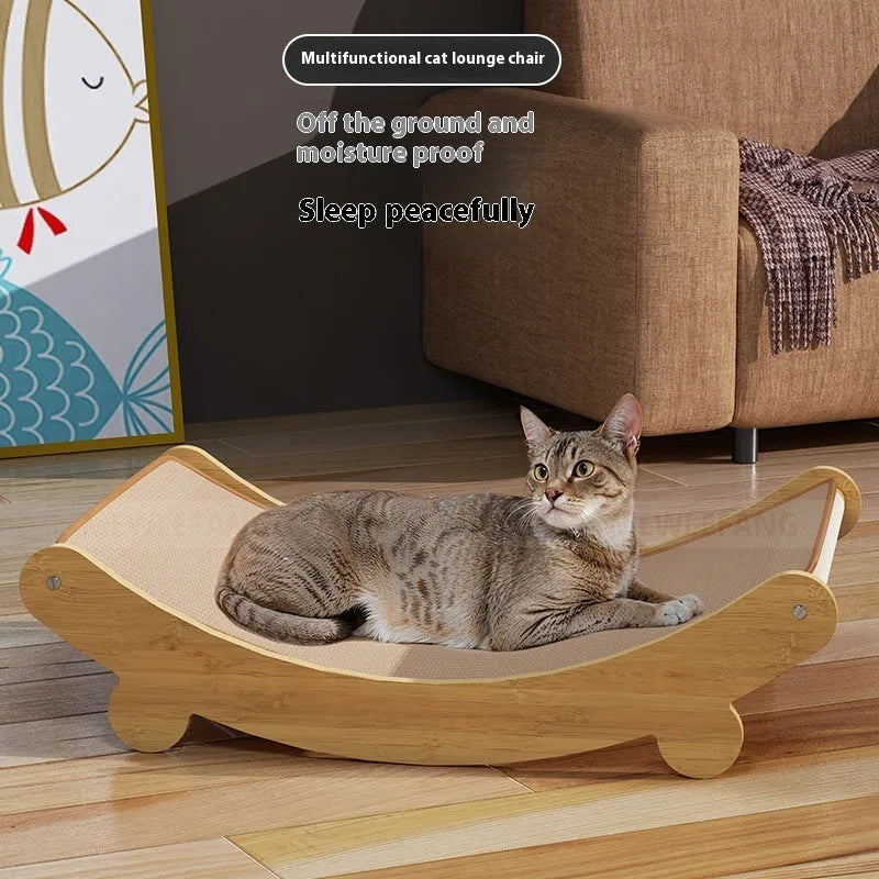 Sisal U-shaped cat scratching lounge chair with nest in pastoral style, showing large, medium, and small size options.