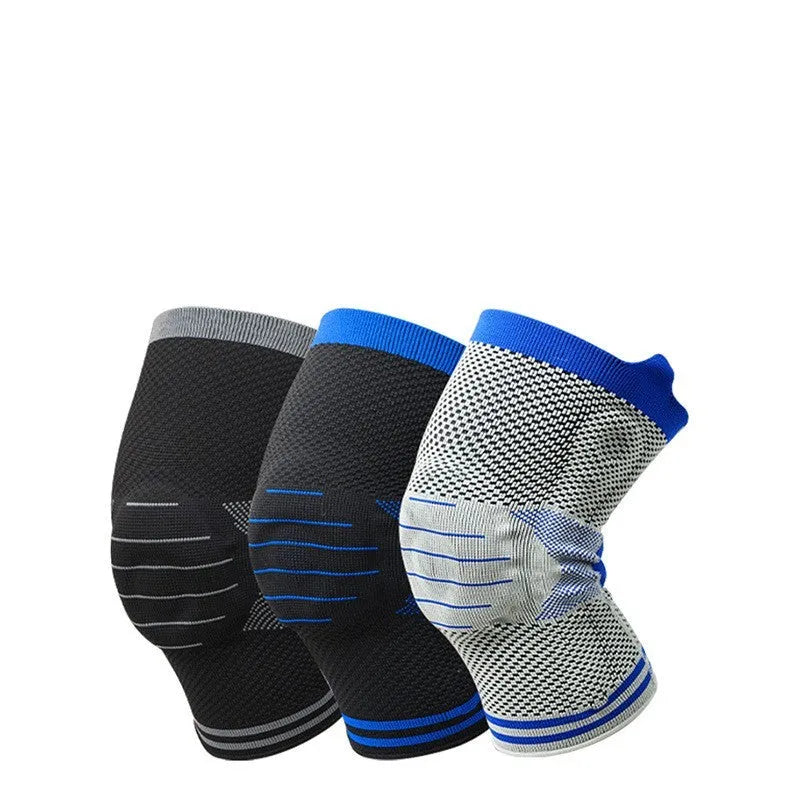 Cotton knee protector with silicone massage spring bar shock absorber in black and grey colour.