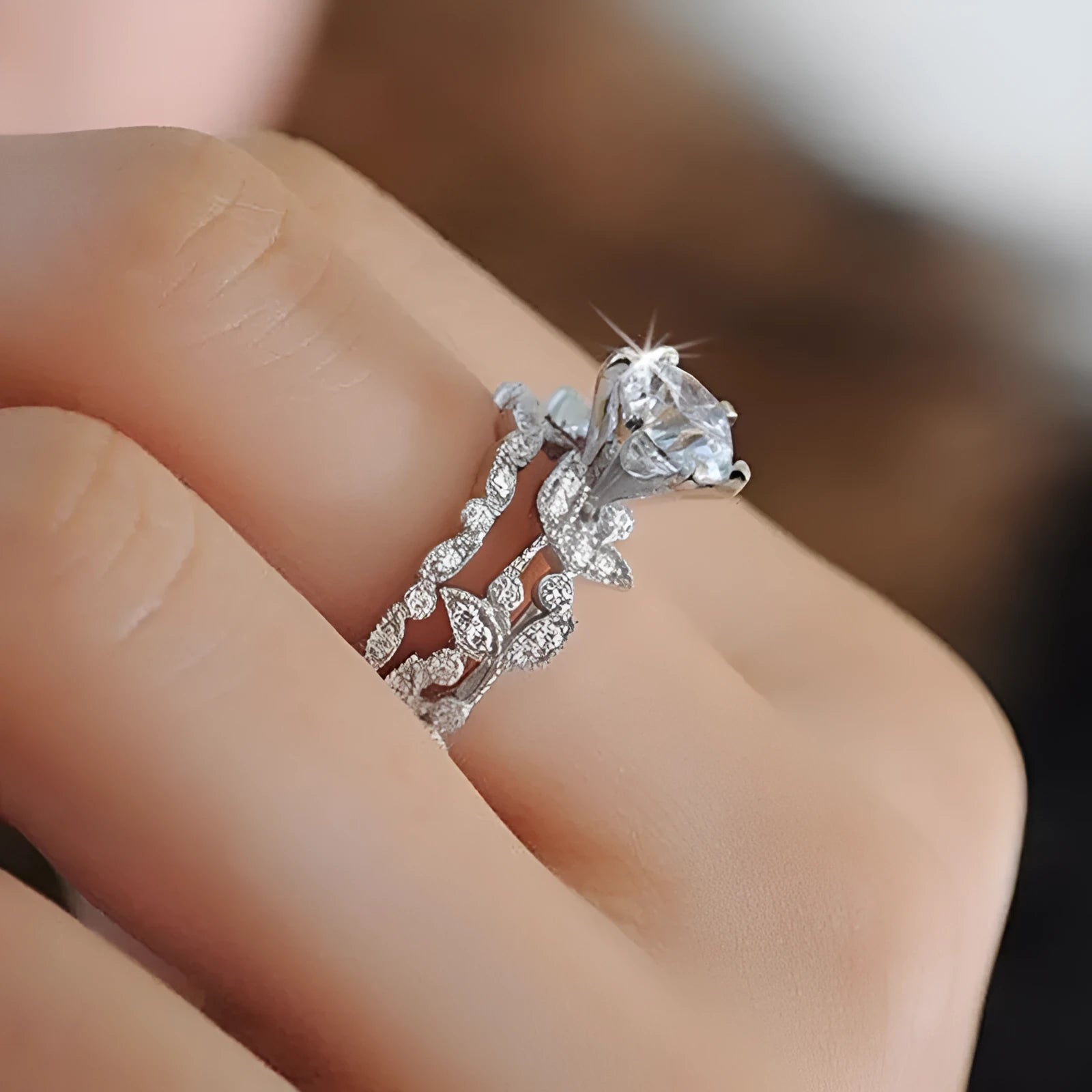 Tree leaf diamond engagement ring with round princess set diamond