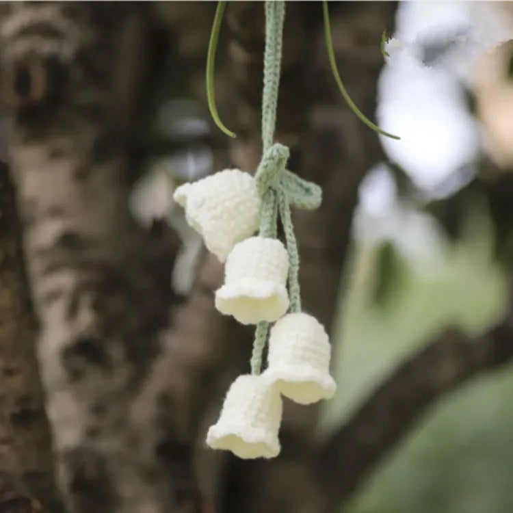 Green and white crocheted wool car plant decoration with a white hanging rope.