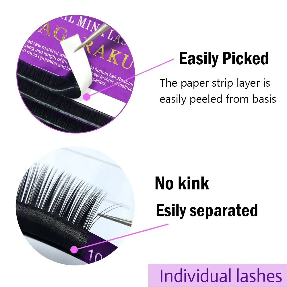 16 rows faux mink individual eyelash lashes on a white tray, soft silky cilia extensions for professional use