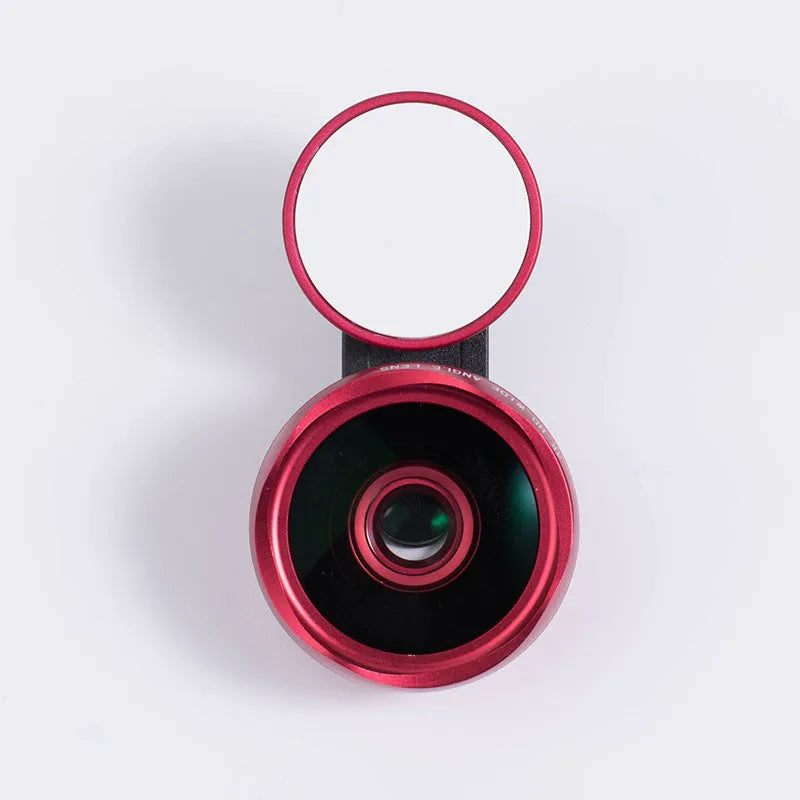 Smartphone wide-angle camera lens attachment with LED light ring in black, red, and silver grey colours.