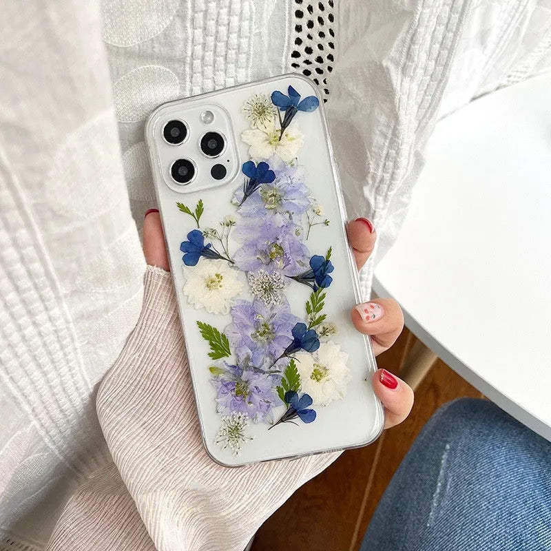 Soft blue and purple dried flower basket design TPU case for iPhone mobile phones