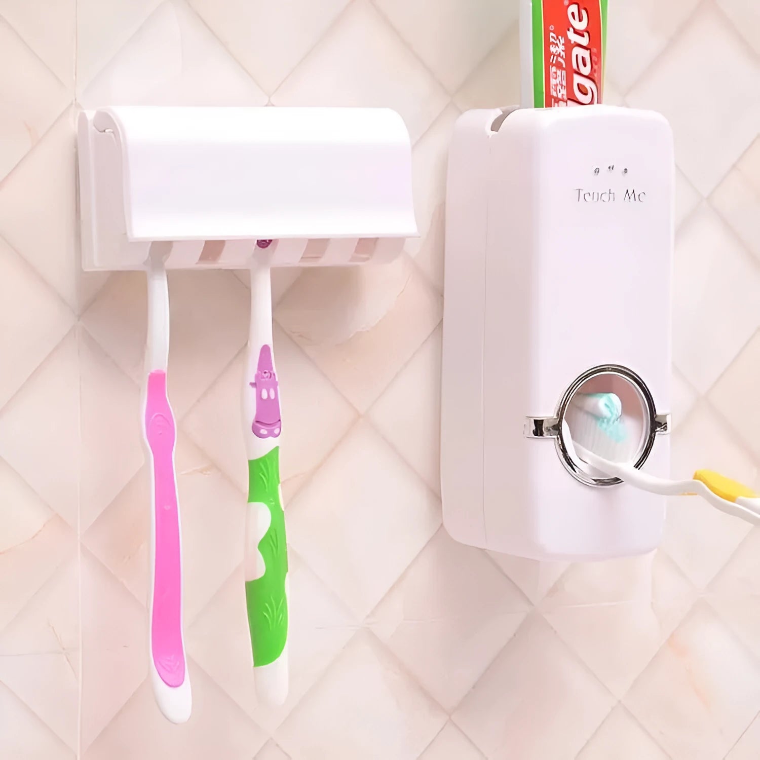 Bathroom accessories set with plastic toothbrush holder and silicone toothpaste pump in white or wine red colours