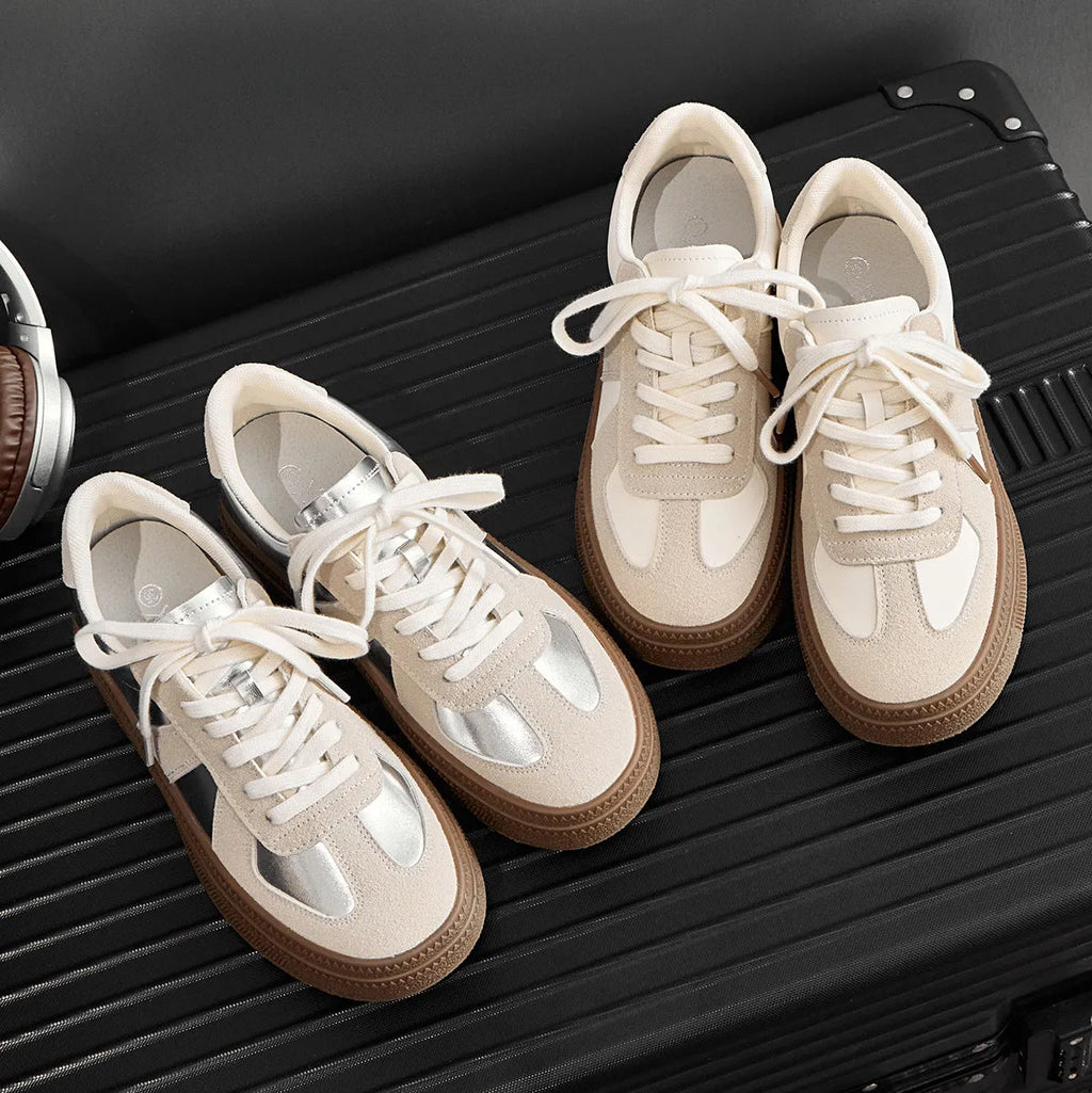 Retro beige and silver casual sports shoes with cross shoulder straps and round toe.
