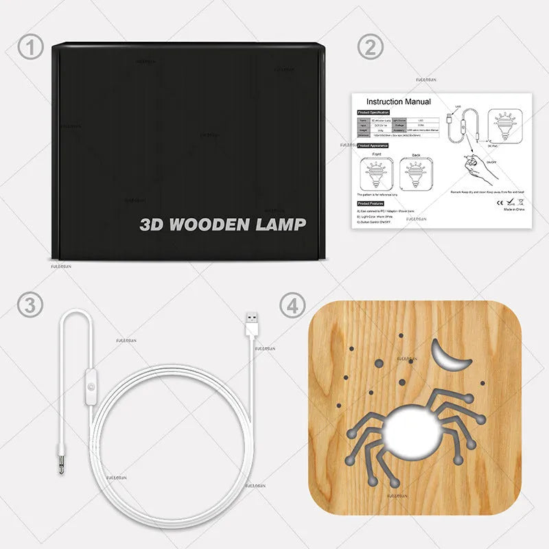 Halloween spider creative light made from pine wood with warm white glow on a wooden table