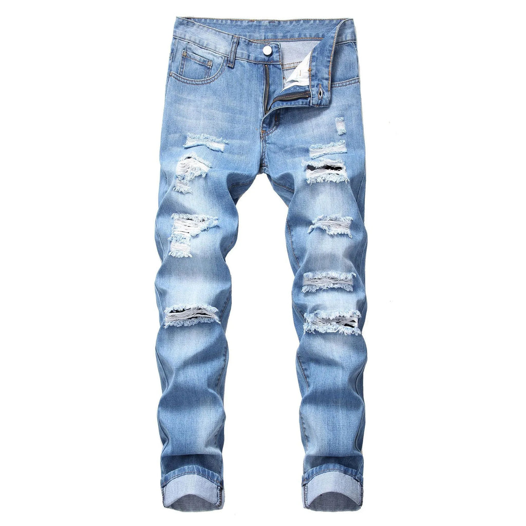 Cotton Blend Ripped Straight Denim Trousers for Men Mid Waist Zipper Fly Light Straight Leg Dark Blue Light Blue Nostalgia Sizes 28-42