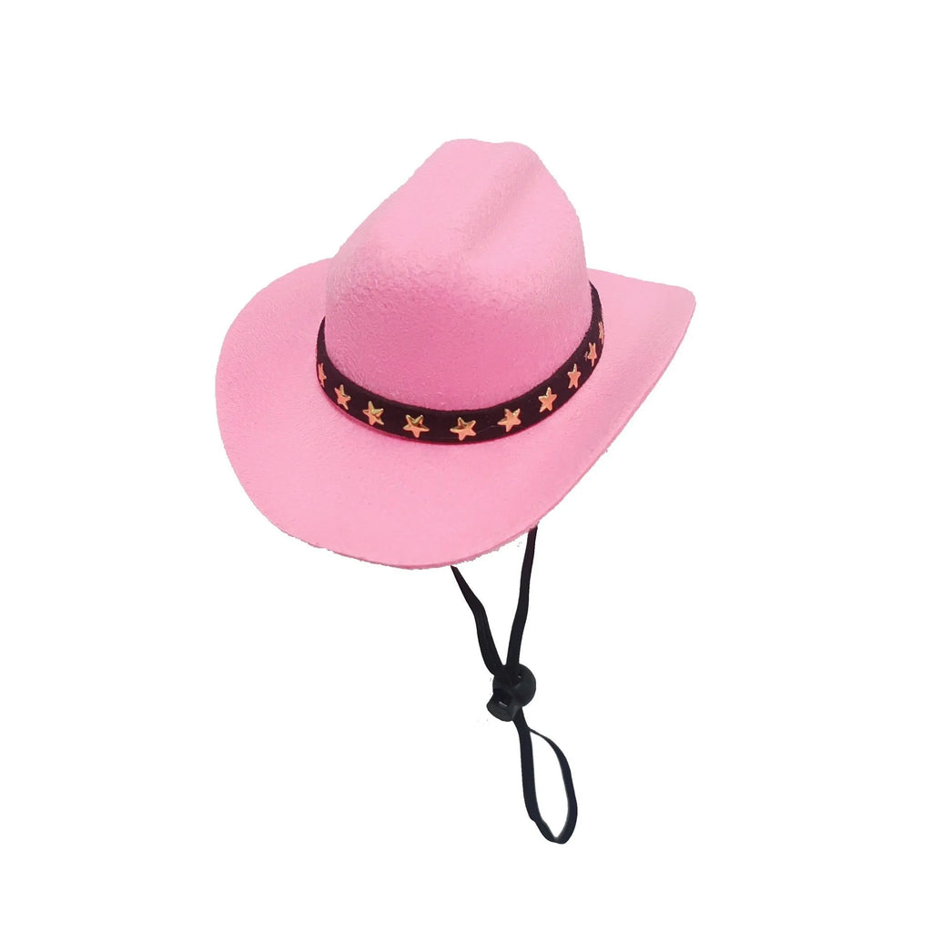 Black star pattern cowboy hat on pet with adjustable strap