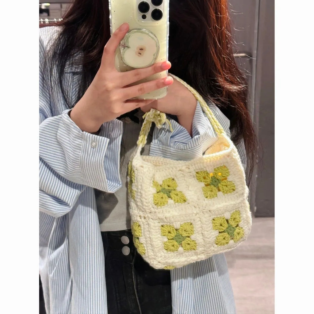 Handmade cotton crochet cherry blossom handbag with magnetic closure in green or pink colour