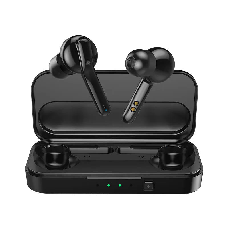 Black and white true wireless stereo earbuds with charging case, featuring Bluetooth 5.0 and IPX5 waterproof rating.