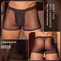 Black men's ultra-thin nylon boxer briefs laid flat, showing free-size stretch fit and minimal seam design.