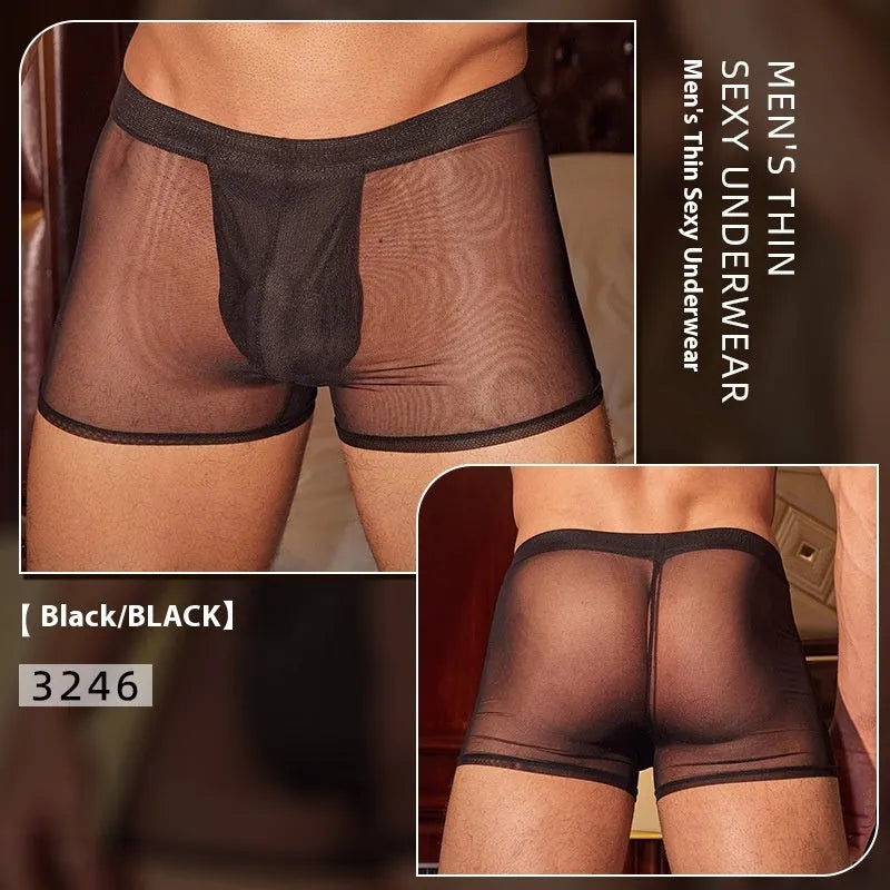 Black men's ultra-thin nylon boxer briefs laid flat, showing free-size stretch fit and minimal seam design.